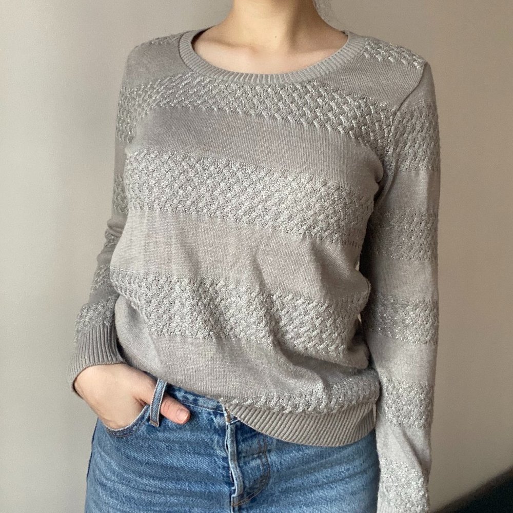 Grey Sweater with Silver Cable Knit Detail